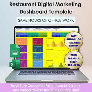May include: A laptop screen displaying a Restaurant Digital Marketing Dashboard Template with colorful data charts and tables. Text includes "SAVE HOURS OF OFFICE WORK", "EASY AUTO-PILOT TRACKING SYSTEM", "ZERO FORMULA SETUP REQUIRED", and "Track True Campaign Performances Cleanly And Protect Your Restaurant's Bottom Line!".