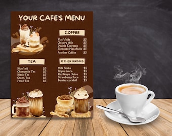Cafe Menü Vorlage editierbar Kaffee Tee Getränke Layout druckbar Shake Café Getränkekarte Design moderne Saft Shop Menü anpassbare canva