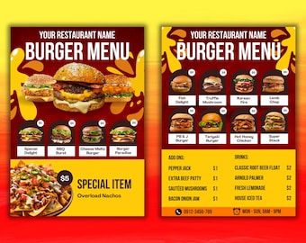 Modèle de menu de hamburgers, conception de restauration rapide modifiable, planche de hamburgers de restaurant, mise en page moderne à emporter, modèle de burger de café personnalisable