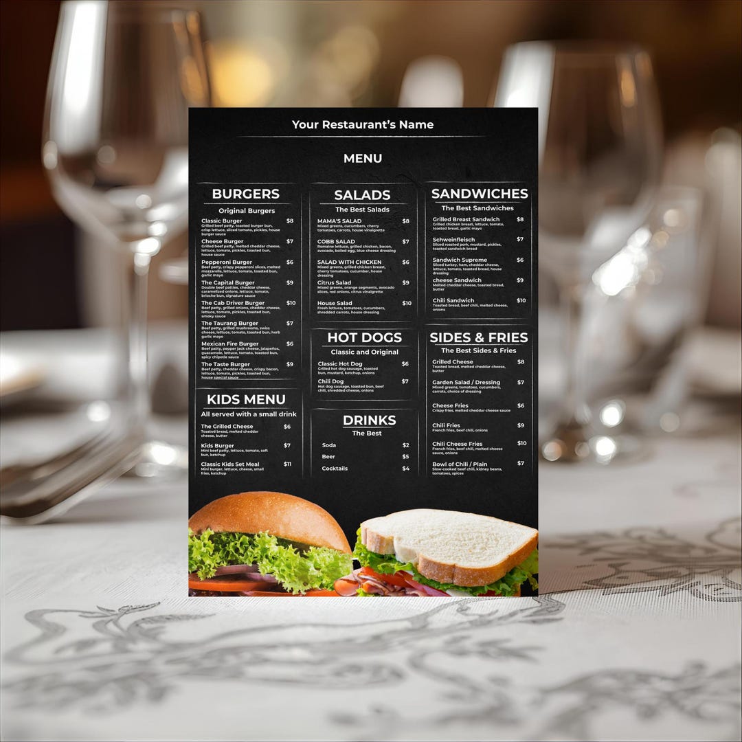 1-page Sandwich Restaurant Menu Template, Editable Hot Dog Menu Design ...