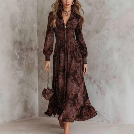 Women Floral Print Maxi Dress - Long Sleeve Zipper Front- Vintage Style Party Wear Dress