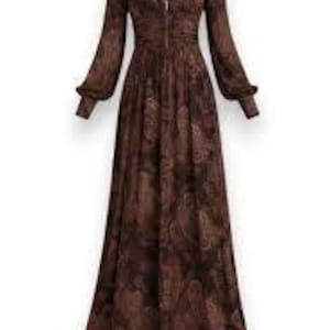 May include: A long, brown dress with a paisley pattern. The dress has long sleeves with buttoned cuffs, a V-neck, and a zipper closure. The dress is floor-length.