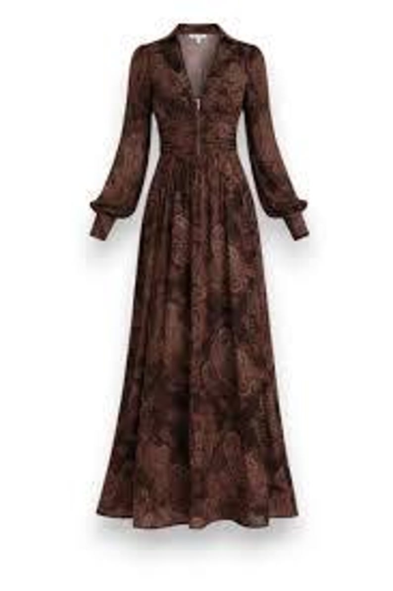 May include: A long, brown dress with a paisley pattern. The dress has long sleeves with buttoned cuffs, a V-neck, and a zipper closure. The dress is floor-length.