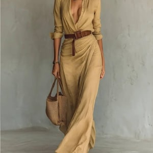 Vestido largo cruzado elegante para mujer con cinturón, manga larga, cuello en V, estilo bohemio, informal, para fiesta