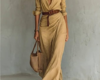 Women Elegant Wrap Maxi Dress with Belt Long Sleeve V-Neck Boho Casual Party Dress