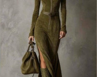 Elegant Zipper Maxi Dress with Belt – Long Sleeve Slim Fit Split Polyester Blend