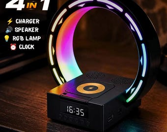 Altavoz, lámpara y reloj con cargador inalámbrico RGB 4 en 1