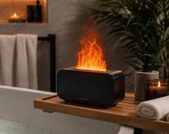 Lámpara humidificadora con forma de llama: luz ambiental acogedora con niebla para dormitorio, escritorio y ambiente nocturno relajante.