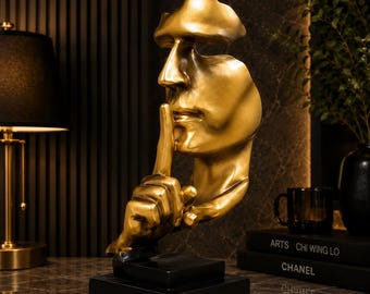 Gold Abstract Face Sculpture, Modern Silence Statue, Luxury Home Decor Accent