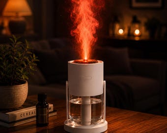 Humidificador con efecto de llama y luz nocturna roja brillante, lámpara para crear un ambiente relajante en la habitación.