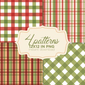 Pode incluir: Uma coleção digital de quatro padrões distintos de xadrez e vichy em vermelho, verde e branco. Uma etiqueta central de cor creme apresenta o texto 4 patterns 12X12 IN PNG instant download numa combinação de fontes script e sem serifa.