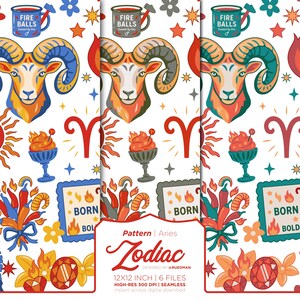 May include: A seamless pattern featuring Aries zodiac motifs including ram heads, chili peppers, flames, and mugs labeled FIRE BALLS. The design includes text reading BORN BOLD and ZODIAC, with red, blue, orange, and green color palettes on a white background.