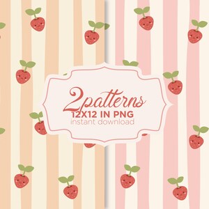 Pode incluir: Dois padrões digitais com um motivo repetitivo de pequenos morangos vermelhos com folhas verdes e rostos sorridentes. O fundo consiste em listras verticais em tons de pêssego e rosa. O texto diz: 2 patterns 12X12 IN PNG instant download.