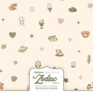 Cute Baby Taurus Seamless Pattern | Kawaii Zodiac Digital Paper | Sage Green Celestial Bull Background | Nursery Fabric Design