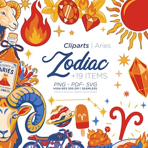 Pode incluir: Uma coleção gráfica digital com símbolos do zodíaco Áries, incluindo um carneiro, uma garrafa rotulada Essence of Aries, um sol, um planeta, uma motocicleta, um picolé e cristais em vermelho, laranja, azul e amarelo com o texto Cliparts Aries Zodiac +19 ITEMS.