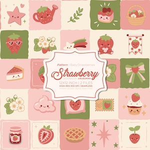 Pode incluir: Um padrão digital com uma grade de quadrados rosa e verdes com ilustrações de morangos, sobremesas de morango, flores e estrelas. Uma etiqueta branca central exibe o texto Pattern | BabyStrawberries Strawberry.