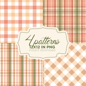 Pode incluir: Uma coleção digital de quatro padrões distintos de xadrez e vichy em tons de pêssego, branco e verde-oliva. Um rótulo decorativo central apresenta o texto 4 patterns 12X12 IN PNG instant download em uma fonte cursiva e sem serifa verde.