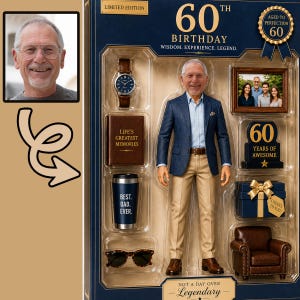 May include: A limited edition 60th birthday gift set featuring a poseable figure of an older man in a blue blazer and tan trousers. Accessories include a wristwatch, a book titled Life's Greatest Memories, a Best Dad Ever tumbler, sunglasses, a photo frame, a 60 Years of Awesome sign, a gift box, and a miniature armchair.