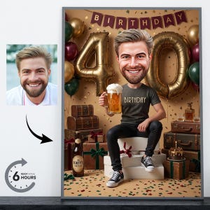 Może przedstawiać: Oprawiona karykatura mężczyzny świętującego 40. urodziny, trzymającego piwo. Złote balony i baner z napisem "BIRTHDAY" w tle. Widoczna jest również butelka piwa i ciasto. Obraz jest gotowy w 6 godzin.