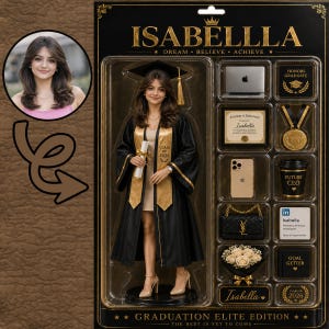 May include: A graduation doll in a black and gold gown with a diploma, packaged in a box labeled ISABELLLA GRADUATION ELITE EDITION. Accessories include a laptop, medal, smartphone, coffee cup, handbag, flowers, and cards with text like CLASS OF 2026.