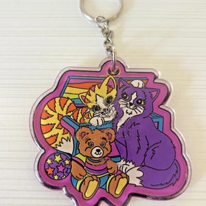 Llavero vintage raro de Lisa Frank Purrfect Playtime Kitty Bear con purpurina de los años 90 imagen 3