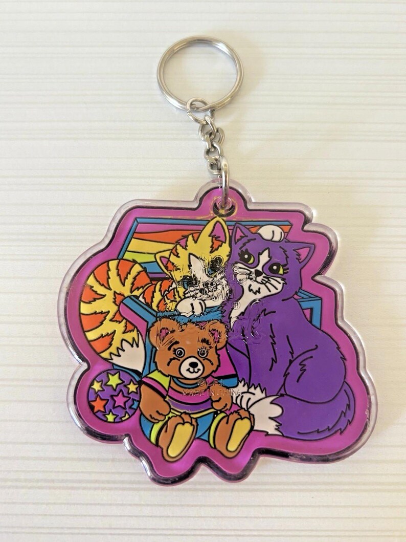 Llavero vintage raro de Lisa Frank Purrfect Playtime Kitty Bear con purpurina de los años 90 imagen 3