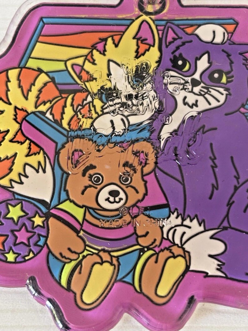 Llavero vintage raro de Lisa Frank Purrfect Playtime Kitty Bear con purpurina de los años 90 imagen 4