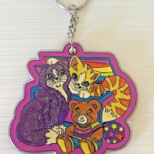 Llavero vintage raro de Lisa Frank Purrfect Playtime Kitty Bear con purpurina de los años 90 imagen 1