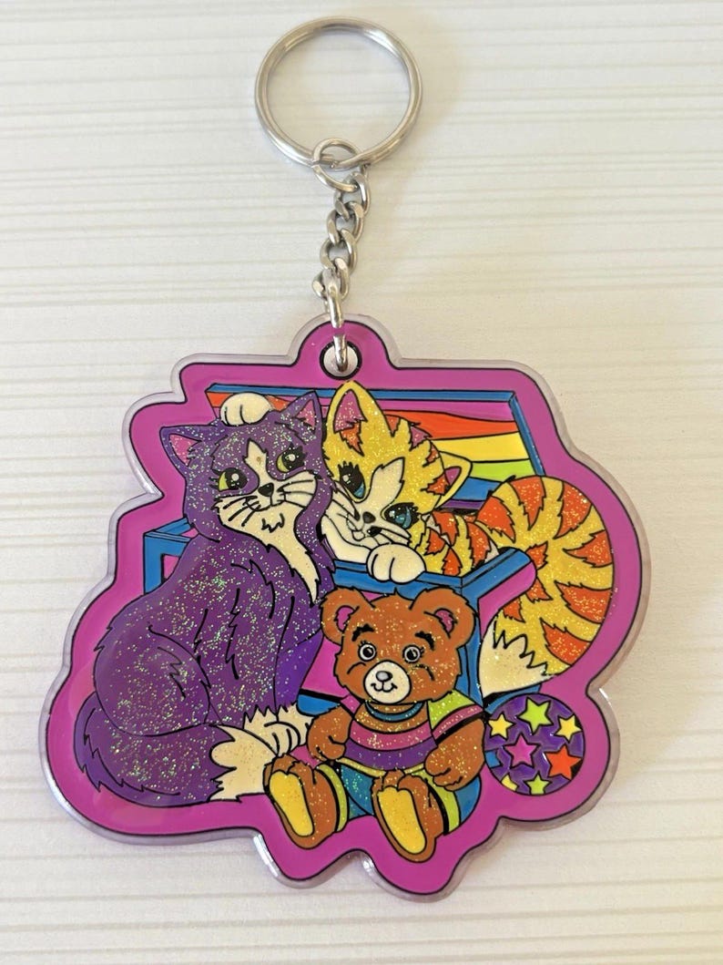 Llavero vintage raro de Lisa Frank Purrfect Playtime Kitty Bear con purpurina de los años 90 imagen 1