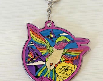 Llavero vintage raro de Lisa Frank Dashly Hummingbird de los años 90 con purpurina multicolor arcoíris