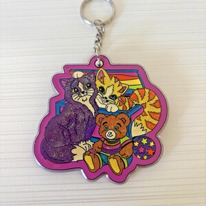 Llavero vintage raro de Lisa Frank Purrfect Playtime Kitty Bear con purpurina de los años 90 imagen 2