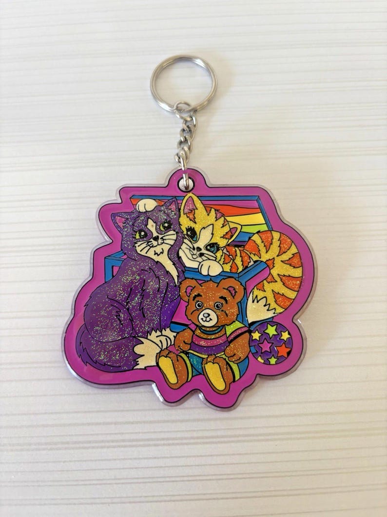Llavero vintage raro de Lisa Frank Purrfect Playtime Kitty Bear con purpurina de los años 90 imagen 2