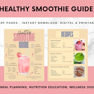 Könnte beinhalten: Ein digitaler Ratgeber für gesunde Smoothies in Rosa und Beige. Er enthält Smoothie-Rezepte und Anweisungen zur Auswahl der Zutaten. Der Text lautet "Healthy Smoothie Guide" und "Recipes". Der Ratgeber ist für die Ernährungsplanung und -aufklärung.