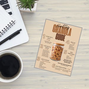 May include: A "Healthy Granola Guide" on a beige background, with a jar of granola. The guide lists ingredients and steps. A laptop, notebook, pen, and coffee cup are also on the wooden surface.