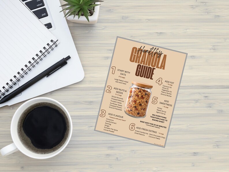 May include: A "Healthy Granola Guide" on a beige background, with a jar of granola. The guide lists ingredients and steps. A laptop, notebook, pen, and coffee cup are also on the wooden surface.