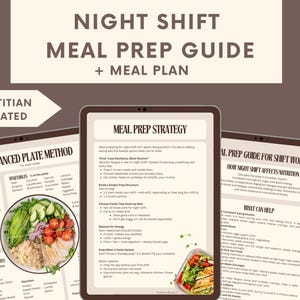May include: A digital meal prep guide for night shift workers. The guide includes a meal plan and strategy, with the text "Night Shift Meal Prep Guide + Meal Plan" at the top. The guide is "Dietitian Created" and features a balanced plate method.