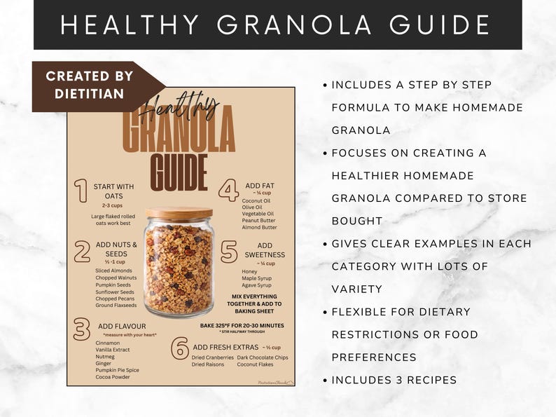 May include: A guide titled "Healthy Granola Guide" created by a dietitian. It features a jar of granola and instructions for making homemade granola, including ingredients like oats, nuts, seeds, and flavorings. The guide includes recipes and focuses on healthier options.
