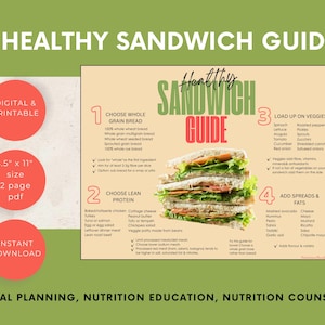 Puede incluir: Una guía digital e imprimible de 2 páginas en PDF de 21,6 x 27,9 cm para sándwiches saludables. La guía presenta un gráfico de sándwich e instrucciones para elegir pan, proteínas magras, verduras y aderezos. El texto dice "Healthy Sandwich Guide".