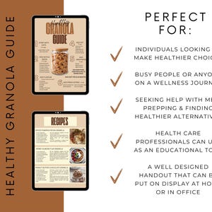 May include: A digital guide titled "Healthy Granola Guide" displayed on a tablet, featuring a jar of granola and recipes. The guide is designed for those seeking healthier choices, meal prepping, and educational purposes.