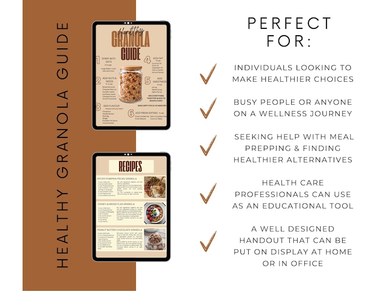 May include: A digital guide titled "Healthy Granola Guide" displayed on a tablet, featuring a jar of granola and recipes. The guide is designed for those seeking healthier choices, meal prepping, and educational purposes.