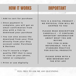 May include: Informational graphic with text detailing how to purchase and use a digital product from Etsy. The text includes steps for purchase, download, and use, along with important notes about digital products.