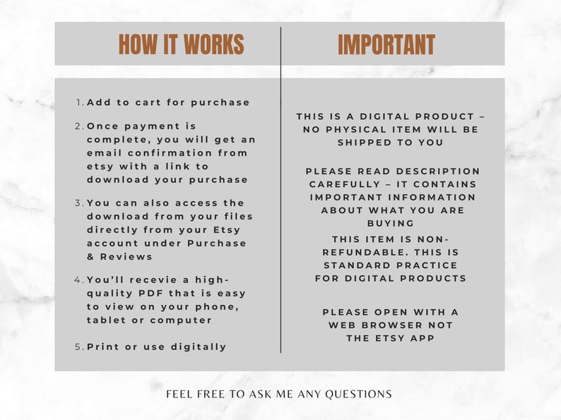 May include: Informational graphic with text detailing how to purchase and use a digital product from Etsy. The text includes steps for purchase, download, and use, along with important notes about digital products.