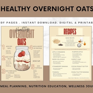 May include: Digital printable featuring recipes for healthy overnight oats. The design includes instructions, ingredient lists, and recipe variations. The text includes "Healthy Overnight Oats", "Recipes", and "For Meal Planning, Nutrition Education, Wellness Journey".