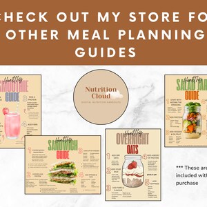 May include: A collection of digital meal planning guides with the text "Check out my store for other meal planning guides." Guides include smoothie, sandwich, overnight oats, and salad jar recipes. A circular logo reads "Nutrition Cloud".