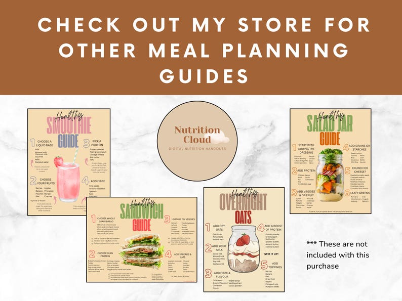May include: A collection of digital meal planning guides with the text "Check out my store for other meal planning guides." Guides include smoothie, sandwich, overnight oats, and salad jar recipes. A circular logo reads "Nutrition Cloud".