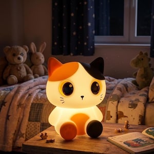 以下が含まれることがあります： オレンジ、黒、白のアクセントが施された猫型のナイトライトが木製のテーブルの上に置かれています。 ランプには大きな目と丸いオレンジ色のベースがあります。 子供向けの絵本が近くに開かれており、背景にはぬいぐるみがあります。