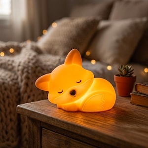Peut inclure: Une veilleuse en forme de renard orange et lumineux. La lumière est posée sur une surface en bois. Le renard est en position de sommeil, les yeux fermés. Une petite plante en pot et des livres sont en arrière-plan.