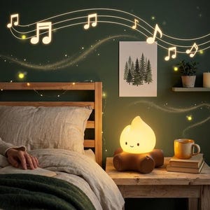 Peut inclure: Une veilleuse en forme de feu de camp souriant, posée sur une base en bois. L'arrière-plan présente des notes de musique et une impression de forêt. La lumière chaude crée une atmosphère chaleureuse, idéale pour une chambre d'enfant.