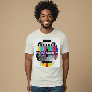Unisex Garment-Dyed T-shirt with TV Test Pattern Glitch Art & Melting Colors Design, Retro 80s 90s Nostalgia Graphic Tee, Soft Comfort