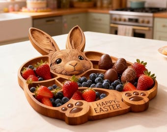 Carved Wood Serving Tray | Easter Bunny Wooden Platter | Decorative Home Decor | Handmade Tea Tray | Mothers Day Gift | Breakfast Board